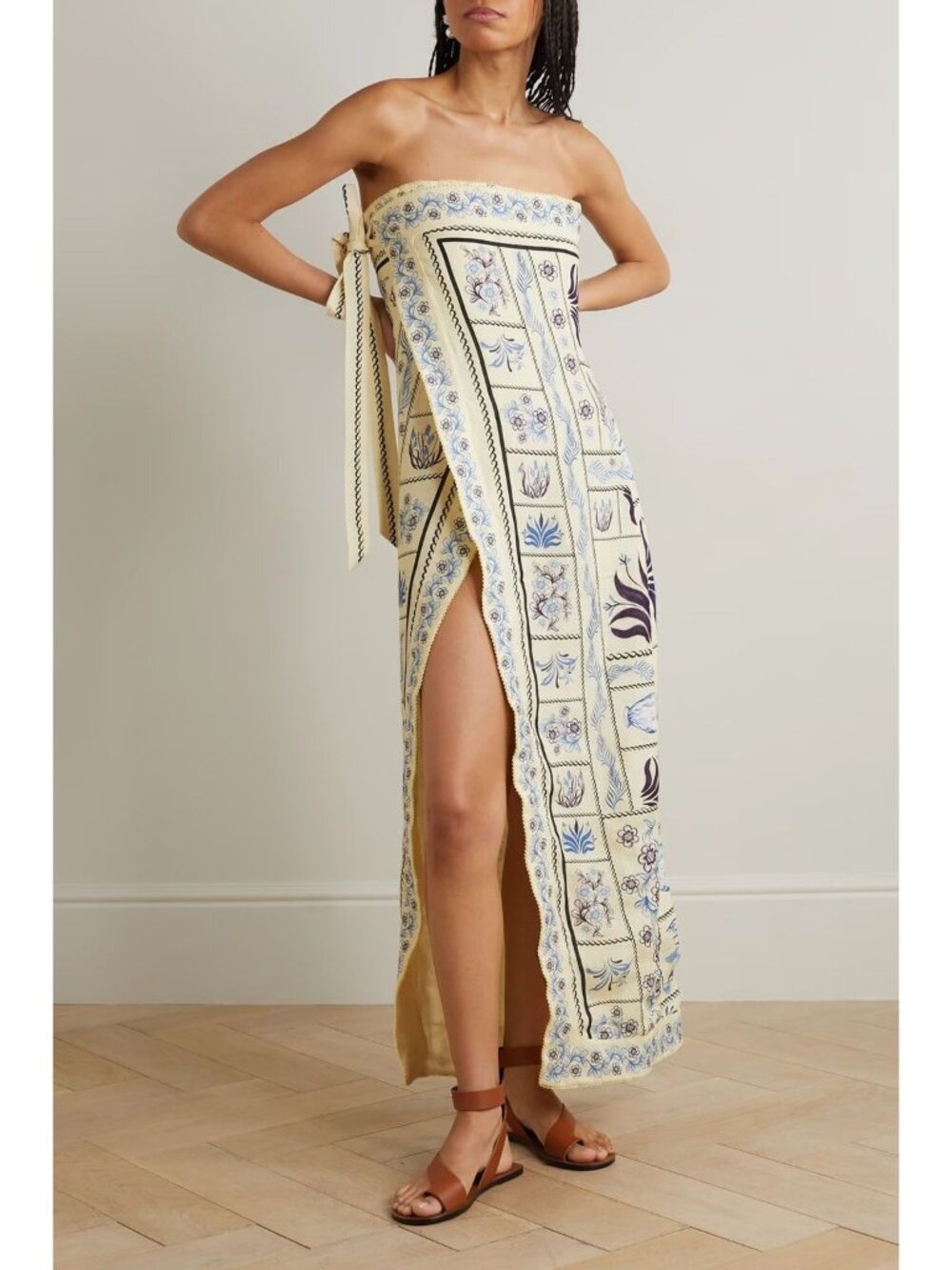 Agua by Agua Bendita Simone Tinaja Strapless Linen Maxi Wrap Dress M/L